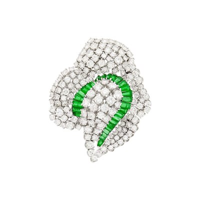 Lot 59 - Platinum, Diamond and Synthetic Emerald Brooch