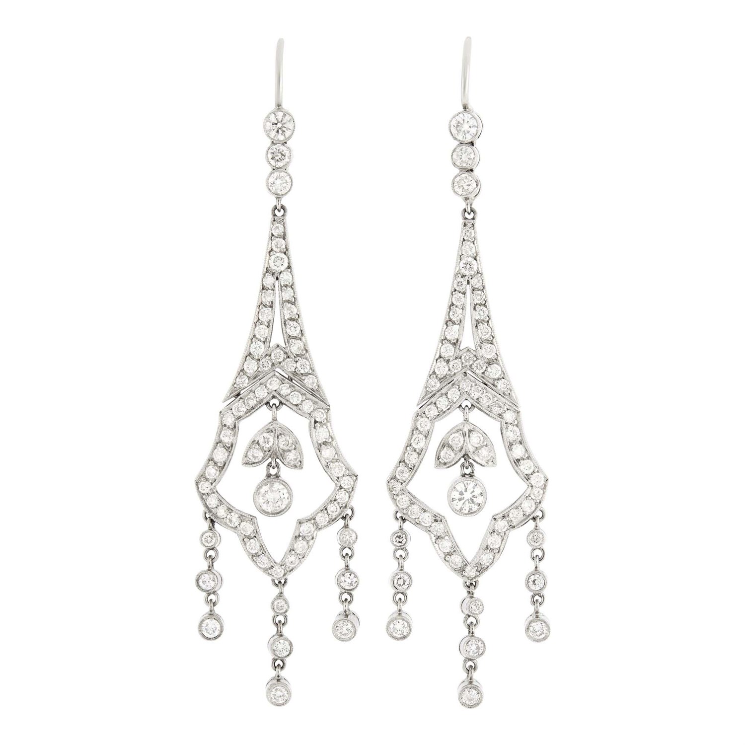 Lot 147 - Pair of Platinum and Diamond Pendant-Earrings