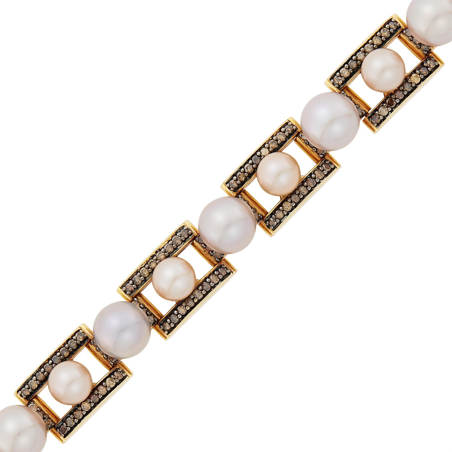 Lot 125 - Gold, Cultured Pearl and Colored Diamond Bracelet