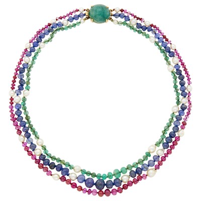 Lot 83 - Triple Strand Colored Stone Bead and Semi-Baroque Cultured Pearl Necklace with Gold and Cabochon Emerald Clasp