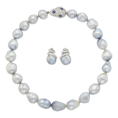 Lot 47 - Gray Baroque Cultured Pearl Necklace with Diamond and Sapphire Clasp
and Pair of Earrings