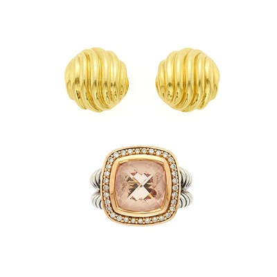 Lot 1047 - David Yurman Silver, Rose Gold, Rose Quartz and Diamond Ring and Pair of Gold Earrings