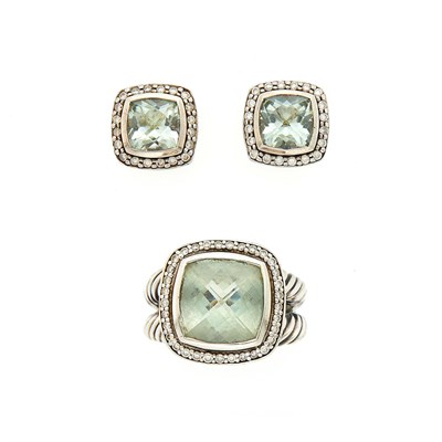 Lot 1236 - David Yurman Silver, Green Quartz and Diamond Ring and Pair of Earrings