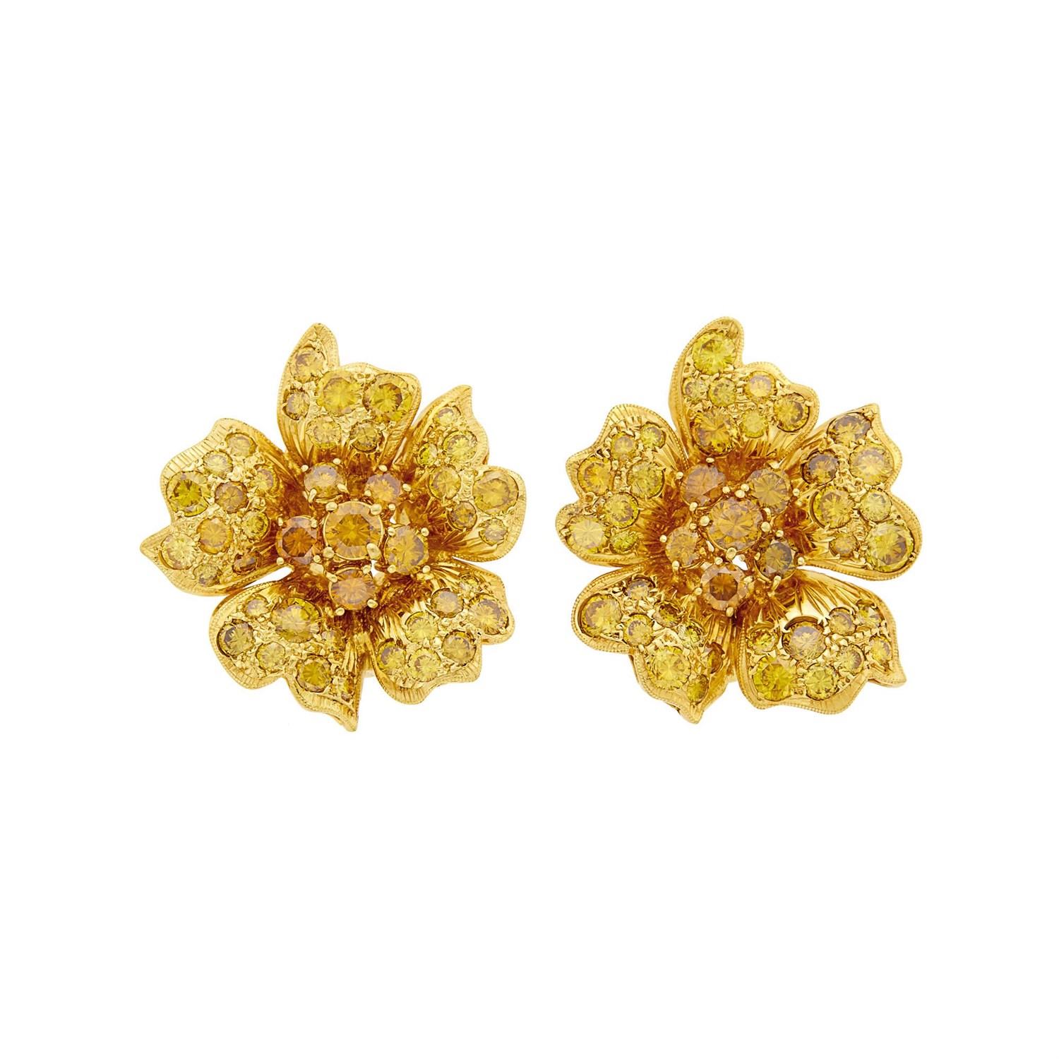 Lot 162 - Pair of Gold and Colored Diamond Flower Earclips