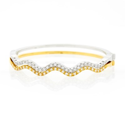 Lot 1051 - Pair of Yellow and White Gold and Diamond Wavy Bangle Bracelets