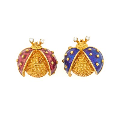 Lot 1079 - Pair of Gold, Red and Blue Enamel and Diamond Lady Bug Pins
