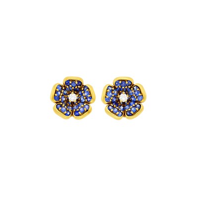 Lot 1 - Asprey Pair of Gold, Sapphire and Diamond Flower Earclips