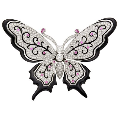 Lot 39 - White Gold, Diamond, Pink Sapphire and Black Onyx 'En Tremblant' Butterfly Clip-Brooch