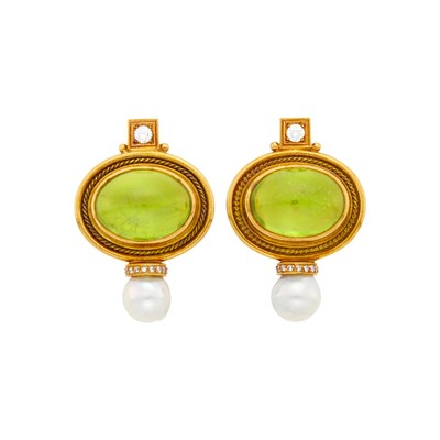 Lot 14 - Elizabeth Gage Pair of Gold, Cabochon Peridot, Mother-of-Pearl, Semi-Baroque Cultured Pearl and Diamond Earclips