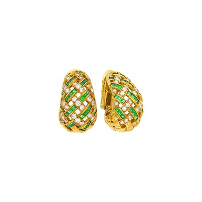 Lot 85 - Tiffany & Co. Pair of Gold, Emerald, and Diamond Basketweave Hoop Earclips