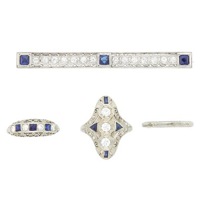 Lot 1130 - Four White Gold, Diamond and Synthetic Sapphire Rings and Simulated Stone Bar Pin