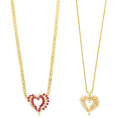 Lot 1284 - Gold, Ruby and Diamond Heart Pendant-Necklace and Gold and Diamond Heart Pendant with Chain Necklace