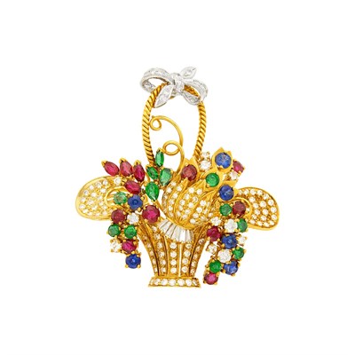 Lot 86 - Two-Color Gold and Colored Stone Flower Basket Brooch