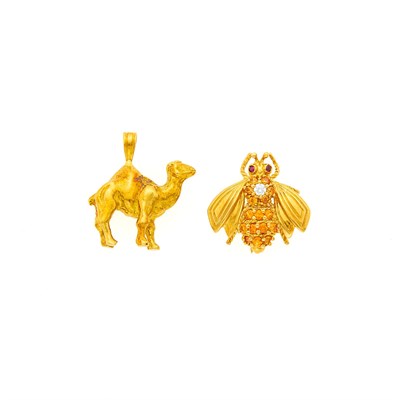 Lot 1060 - Gold Camel Charm and Tiffany & Co. Gold, Orange Sapphire and Diamond Bee Pin