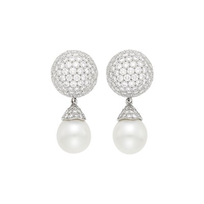 Lot 238 - Van Cleef & Arpels Pair of Platinum and Diamond Earclips with South Sea Cultured Pearl and Diamond Pendants