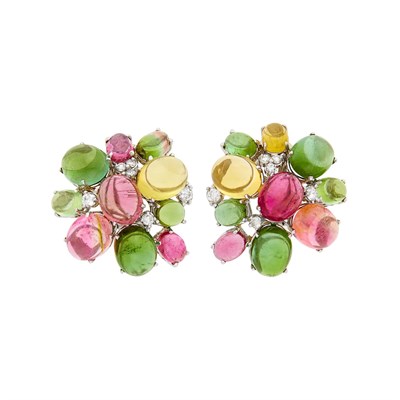 Lot 156 - Pair of White Gold, Multicolored Cabochon Tourmaline and Citrine and Diamond Cluster Earclips