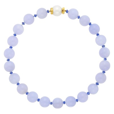 Lot 168 - Seaman Schepps Chalcedony and Sapphire Bead Necklace with Gold and South Sea Cultured Pearl Clasp