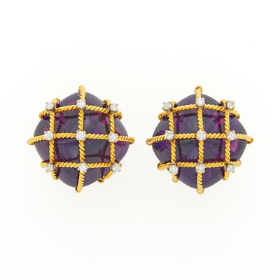 Lot 1063 - Pair of Gold, Cabochon Amethyst and Diamond Earclips