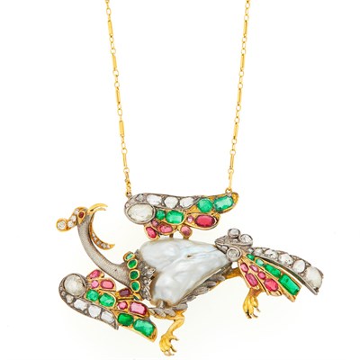 Lot 1126 - Silver, Gold, Baroque Pearl, Emerald, Ruby and Diamond Peacock Pendant with Gold Chain Necklace