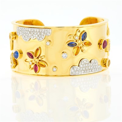 Lot 1052 - Wide Two-Color Gold, Diamond and Gem-Set 'For Ever' Charm Cuff Bracelet