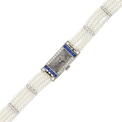 Lot 74 - Four Strand Freshwater Pearl, White Gold, Platinum, Sapphire and Diamond Wristwatch