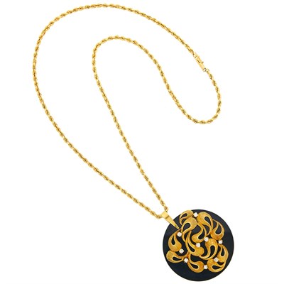 Lot 1239 - Gold, Black Onyx and Diamond Pendant with Long Chain Necklace