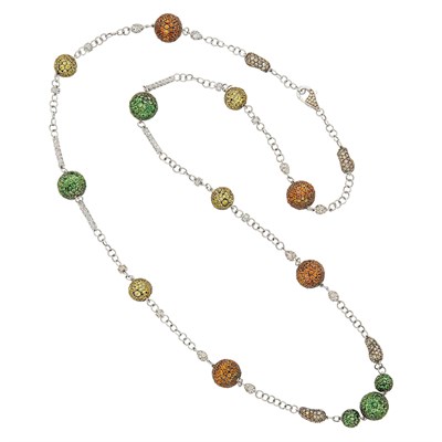 Lot 62 - Long Two-Color Gold, Brown Diamond and Multicolored Sapphire Chain Necklace