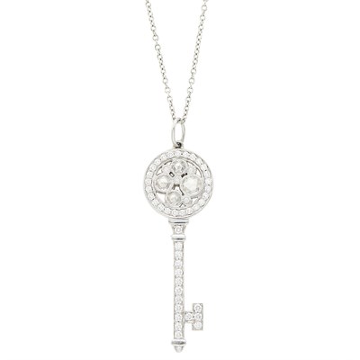 Lot 1086 - Tiffany & Co. Platinum and Diamond 'Key' Pendant with Chain Necklace