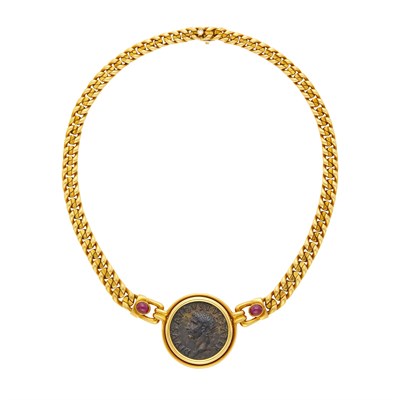 Lot 109 - Bulgari Gold, Ancient Bronze Coin, Cabochon Ruby and Diamond 'Monete' Necklace