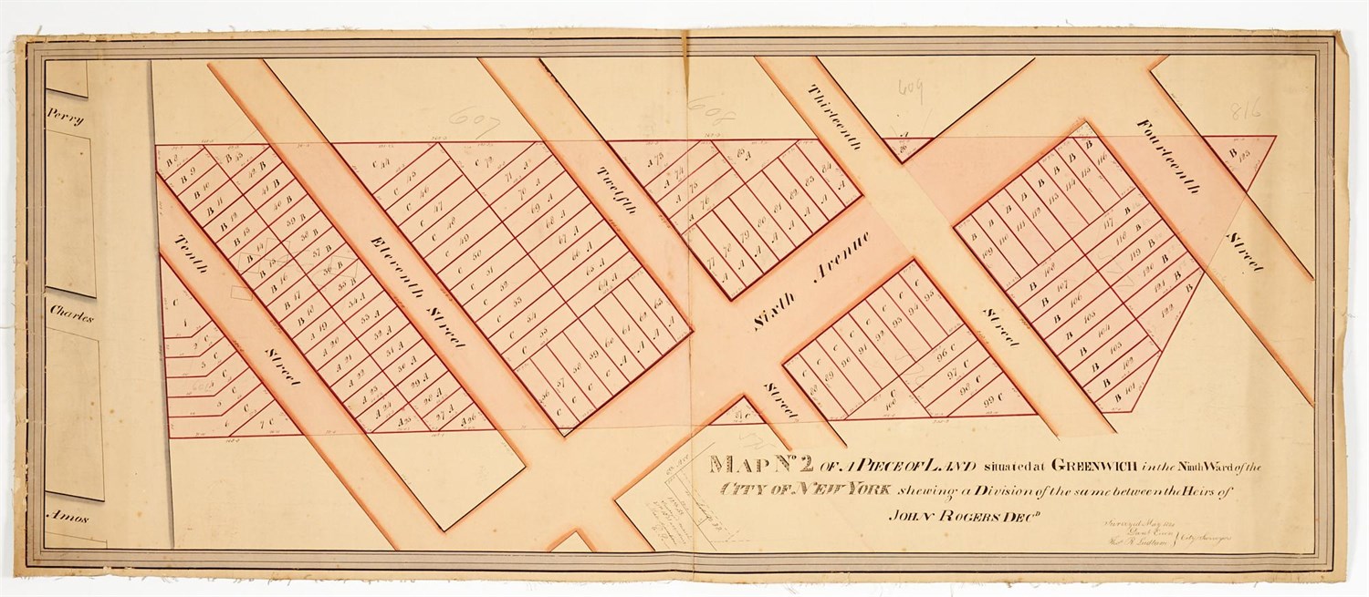 Lot 93 - 1824 map of Greenwich Village with attractive pink coloring