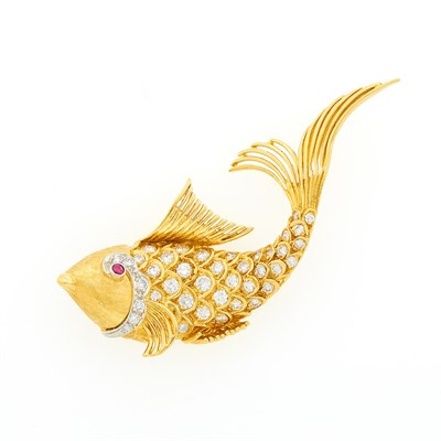 Lot 1061 - Gold, Diamond and Ruby Fish Pendant-Brooch