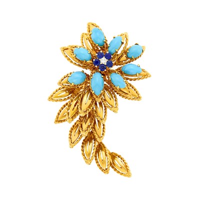 Lot 107 - Gold, Turquoise, Sapphire and Diamond Flower Clip-Brooch