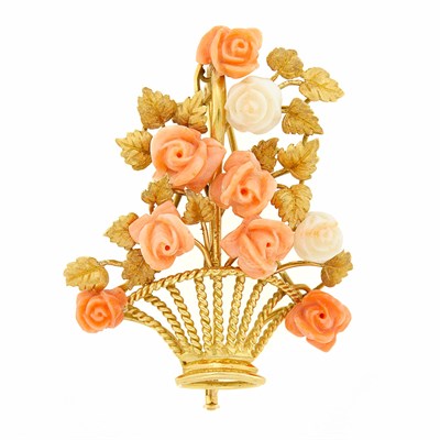 Lot 1154 - Gold, Coral and Angel Skin Coral Flower Basket Brooch