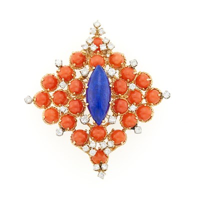 Lot 1080 - Gold, Lapis, Coral and Diamond Pendant-Brooch