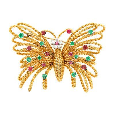 Lot 1059 - Gold, Ruby, Emerald and Diamond Butterfly Pendant-Brooch