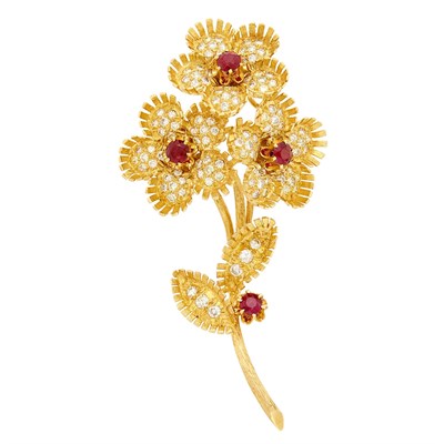 Lot 122 - Gold, Ruby and Diamond Flower Clip-Brooch