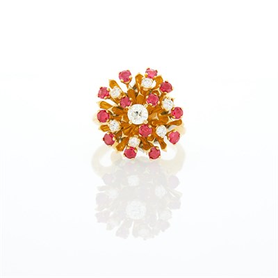 Lot 1187 - Two-Color Gold, Diamond and Ruby Cluster Ring
