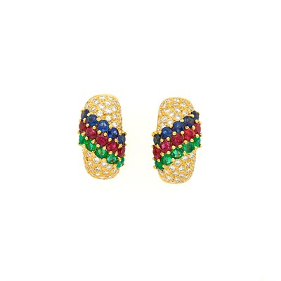 Lot 1020 - Pair of Gold, Gem-Set and Diamond Huggie Earrings