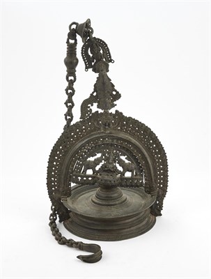 Lot 352 - An Indian Hanging Bronze Lamp with Gajalakshmi