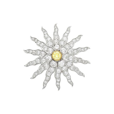 Lot 104 - Antique Platinum, Gold, Colored Diamond and Diamond Starburst Pendant-Brooch