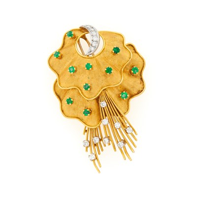 Lot 1238 - Two-Color Gold, Emerald and Diamond Brooch