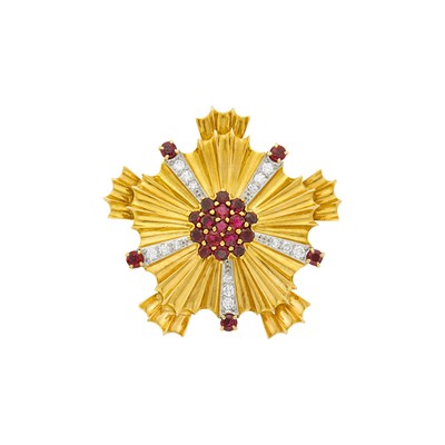 Lot 133 - Two-Color Gold, Ruby and Diamond Snowflake Clip-Brooch