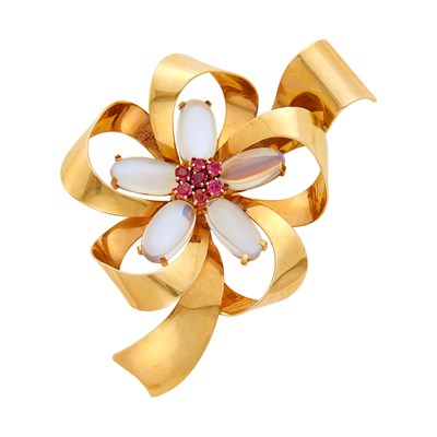 Lot 1232 - Gold, Moonstone and Ruby Flower Ribbon Brooch