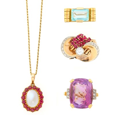 Lot 1237 - Three Yellow, White and Rose Gold, Gem-Set and Diamond Rings and Pendant with Chain Necklace