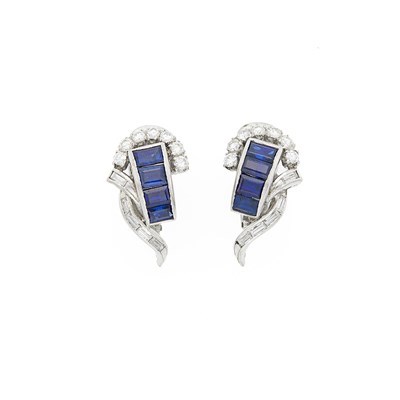 Lot 1105 - Pair of White Gold, Sapphire and Diamond Earrings