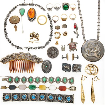 Lot 1148 - Group of Gold, Low Karat Gold, Silver and Metal Antique Jewelry and Pearl Necklace