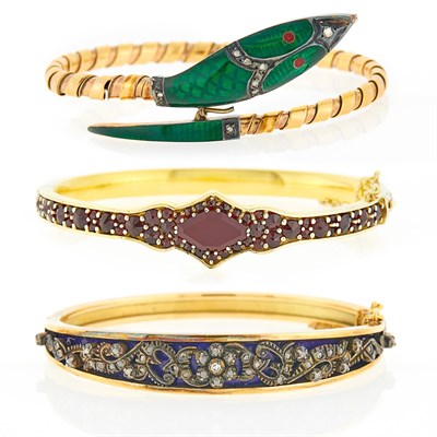 Lot 1127 - Two Antique Gold, Silver, Green and Blue Enamel and Diamond Bangle Bracelets and Gold and Garnet Bangle Bracelet
