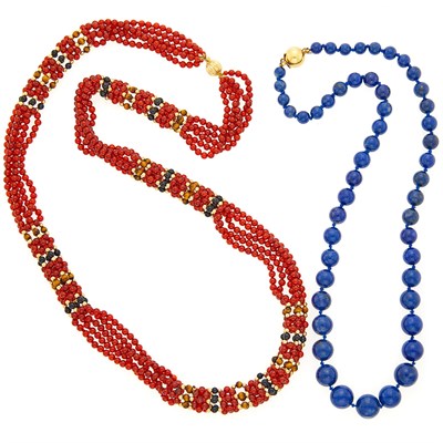 Lot 1226 - Long Five Strand Carnelian, Black Onyx, Tiger's Eye and Gold Bead Necklace and Long Lapis Bead Necklace with Gold Clasp