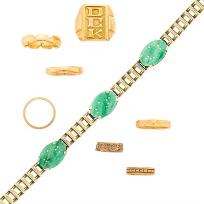 Lot 1179 - Group of Gold, Two-Color Gold and Low Karat Gold Rings and Carved Jade Bracelet