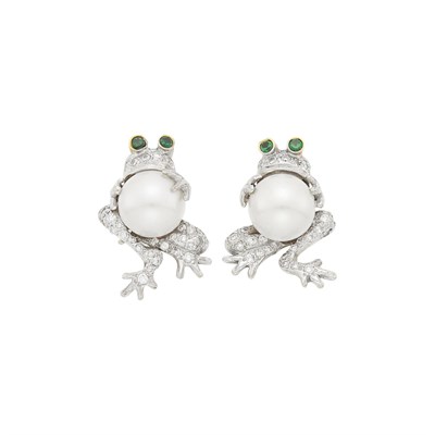 Lot 127 - Pair of Two-Color Gold, Cultured Pearl, Diamond and Emerald Frog Earrings